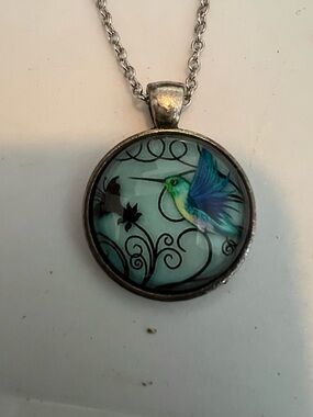 Hummingbird Glass Pendant Necklace in Teal and Blue